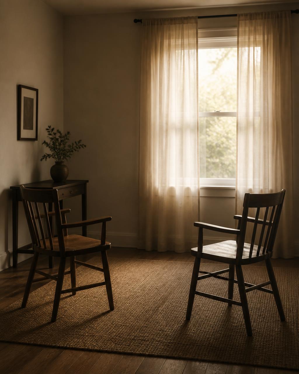 Two empty wooden chairs facing each other in a softly lit quiet room